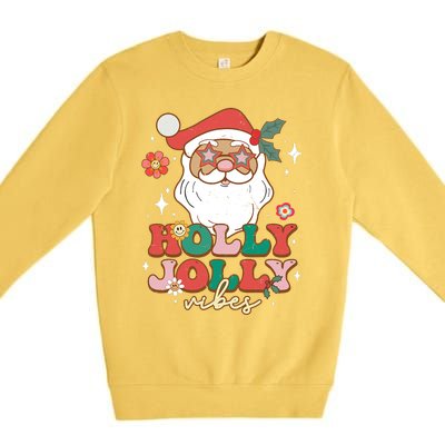 Groovy Retro Holly Xmas Jolly Vibes Santa Claus Christmas Premium Crewneck Sweatshirt