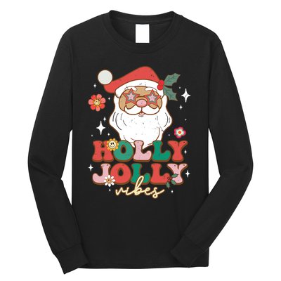 Groovy Retro Holly Xmas Jolly Vibes Santa Claus Christmas Long Sleeve Shirt