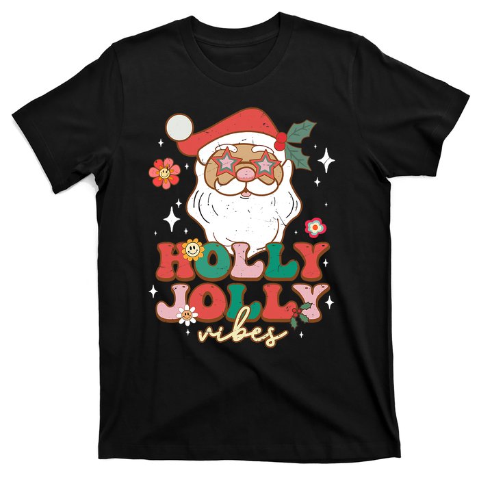 Groovy Retro Holly Xmas Jolly Vibes Santa Claus Christmas T-Shirt