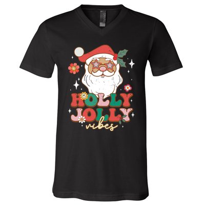 Groovy Retro Holly Xmas Jolly Vibes Santa Claus Christmas V-Neck T-Shirt