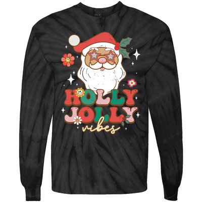 Groovy Retro Holly Xmas Jolly Vibes Santa Claus Christmas Tie-Dye Long Sleeve Shirt