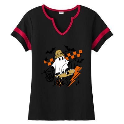 Ghost Retro Halloween Skateboard Ladies Halftime Notch Neck Tee