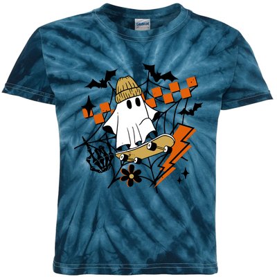 Ghost Retro Halloween Skateboard Kids Tie-Dye T-Shirt