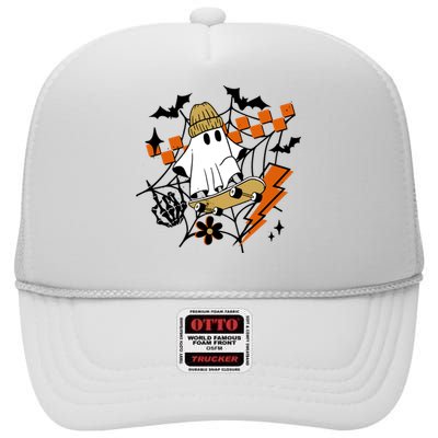 Ghost Retro Halloween Skateboard High Crown Mesh Back Trucker Hat