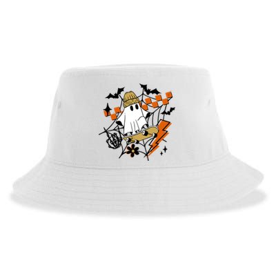 Ghost Retro Halloween Skateboard Sustainable Bucket Hat