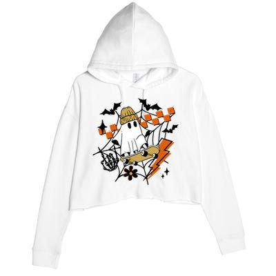 Ghost Retro Halloween Skateboard Crop Fleece Hoodie