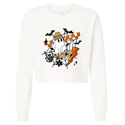 Ghost Retro Halloween Skateboard Cropped Pullover Crew