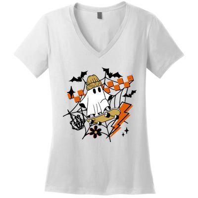 Ghost Retro Halloween Skateboard Women's V-Neck T-Shirt