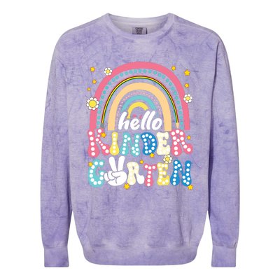 Groovy Rainbow Hello Kindergarten First Day Teacher Colorblast Crewneck Sweatshirt