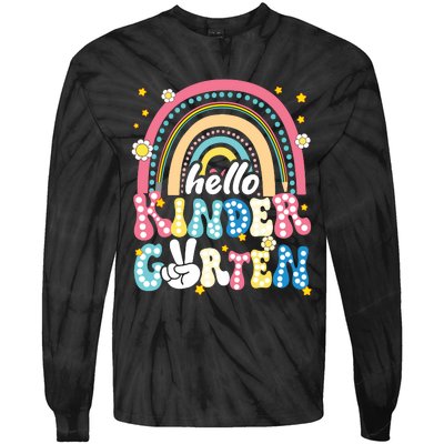 Groovy Rainbow Hello Kindergarten First Day Teacher Tie-Dye Long Sleeve Shirt