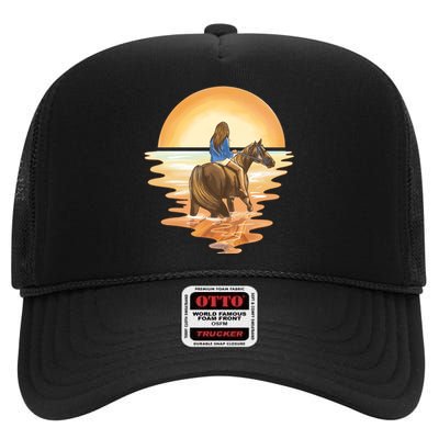 Girl Riding Horse Sunset High Crown Mesh Back Trucker Hat