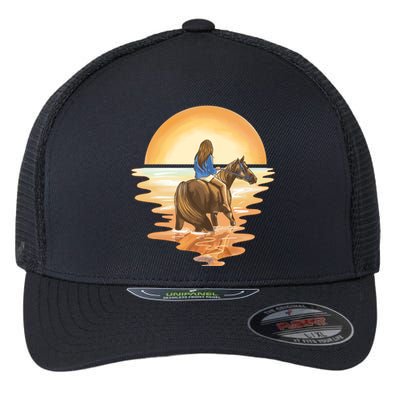 Girl Riding Horse Sunset Flexfit Unipanel Trucker Cap