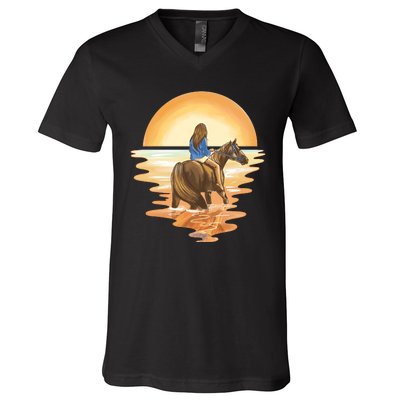 Girl Riding Horse Sunset V-Neck T-Shirt