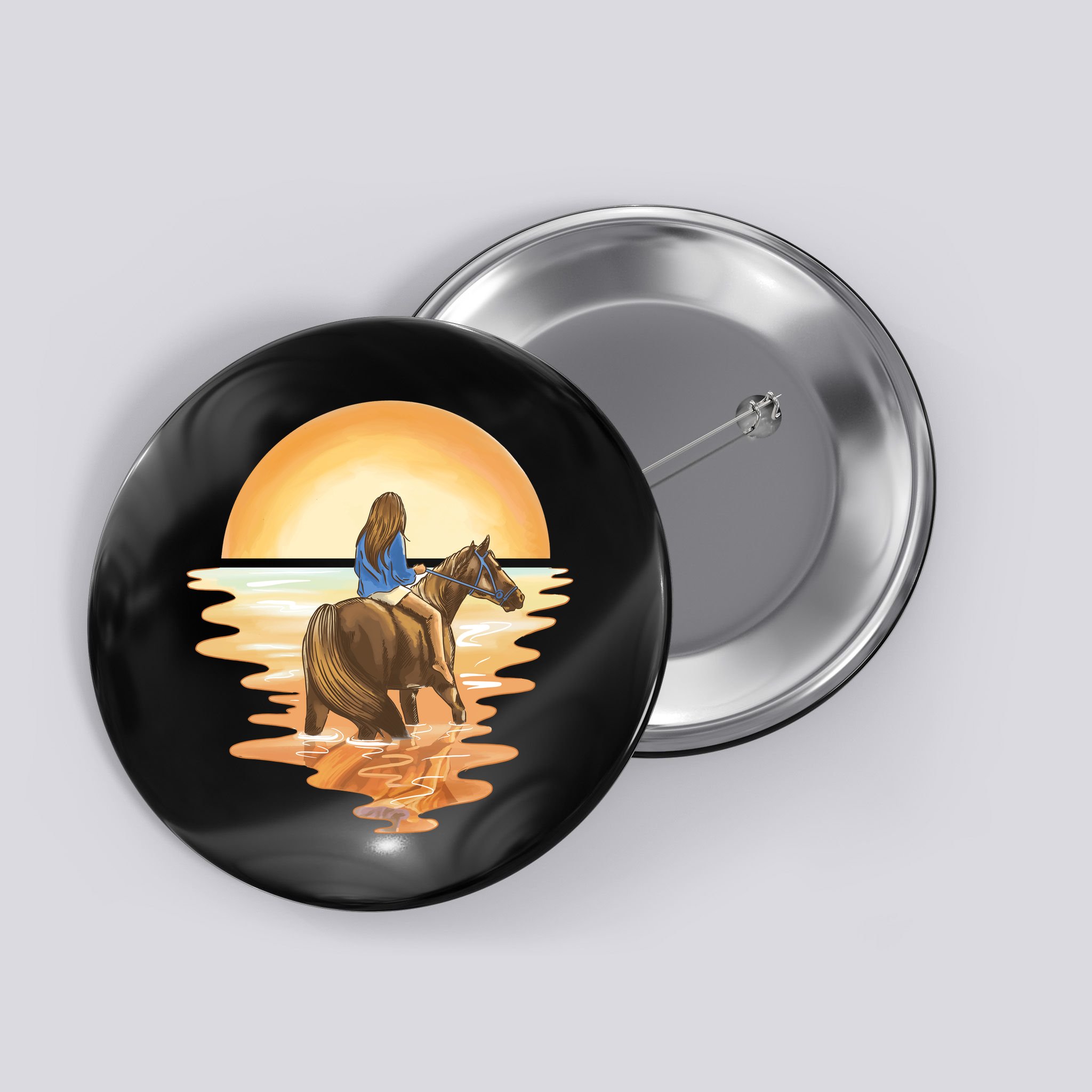 Girl Riding Horse Sunset Button