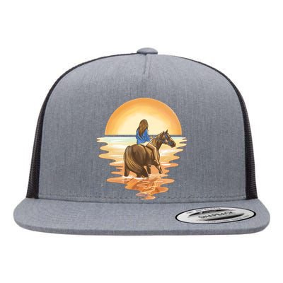 Girl Riding Horse Sunset Flat Bill Trucker Hat