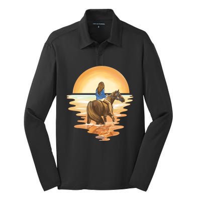 Girl Riding Horse Sunset Silk Touch Performance Long Sleeve Polo