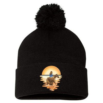 Girl Riding Horse Sunset Pom Pom 12in Knit Beanie