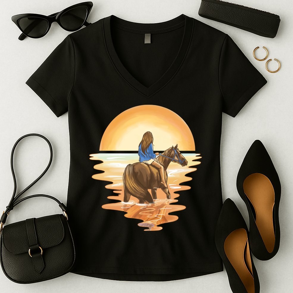 Girl Riding Horse Sunset Women's V-Neck T-Shirt
