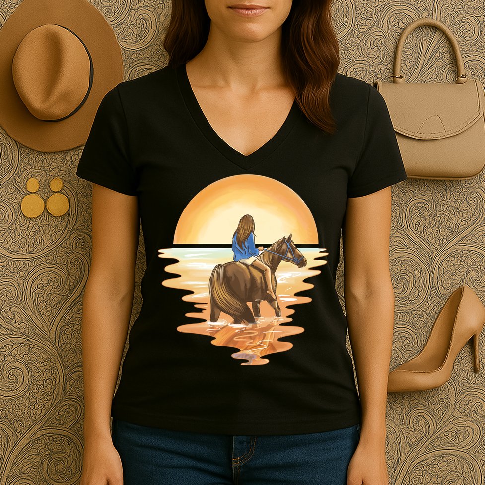 Girl Riding Horse Sunset Women's V-Neck T-Shirt