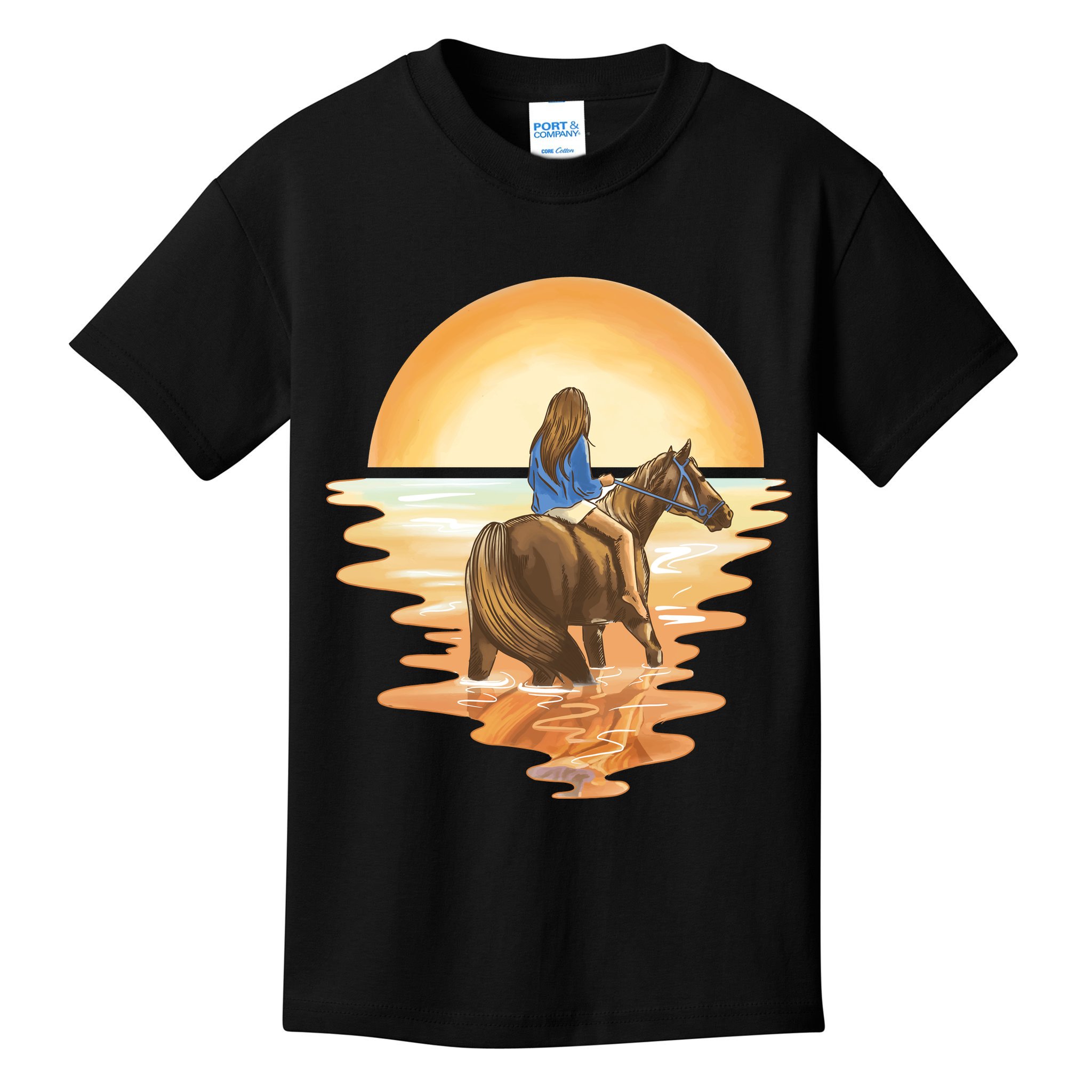 Girl Riding Horse Sunset Kids T-Shirt