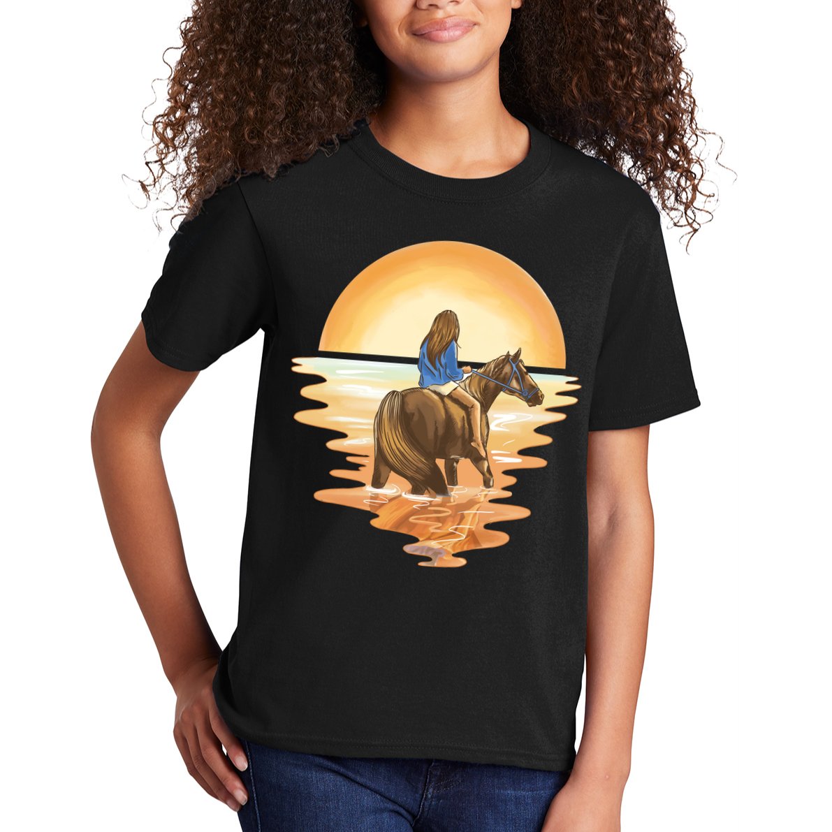 Girl Riding Horse Sunset Kids T-Shirt