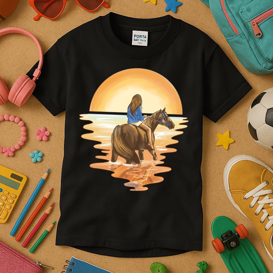 Girl Riding Horse Sunset Kids T-Shirt