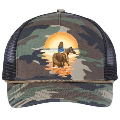 Girl Riding Horse Sunset Retro Rope Trucker Hat Cap