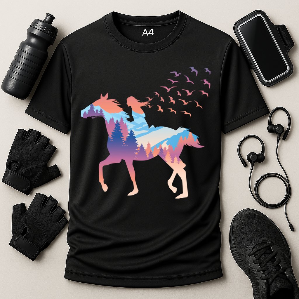Girl Riding Horse In Forest Cooling Performance Crew T-Shirt