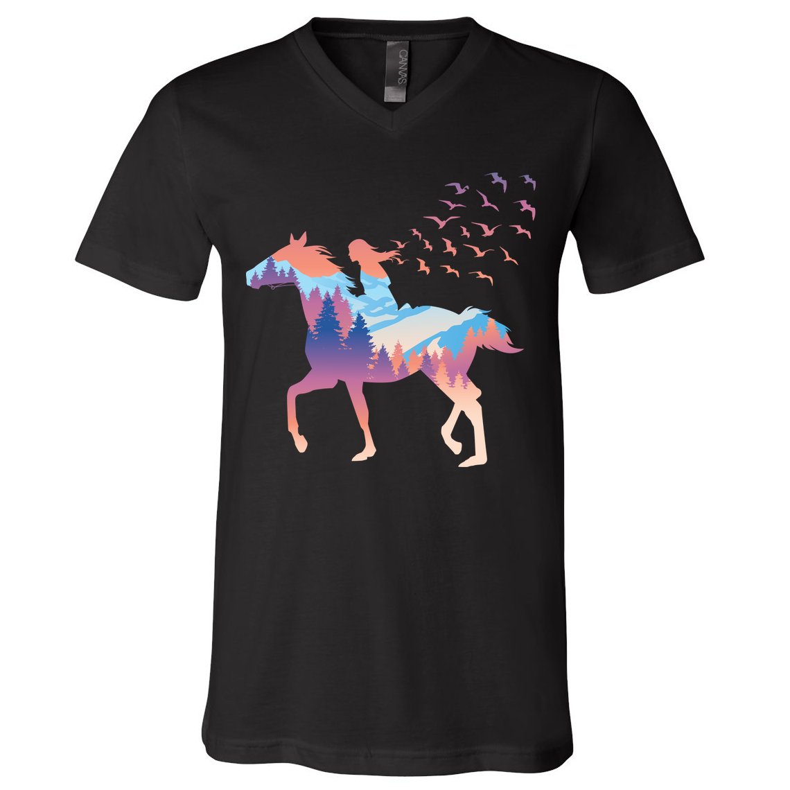 Girl Riding Horse In Forest V-Neck T-Shirt