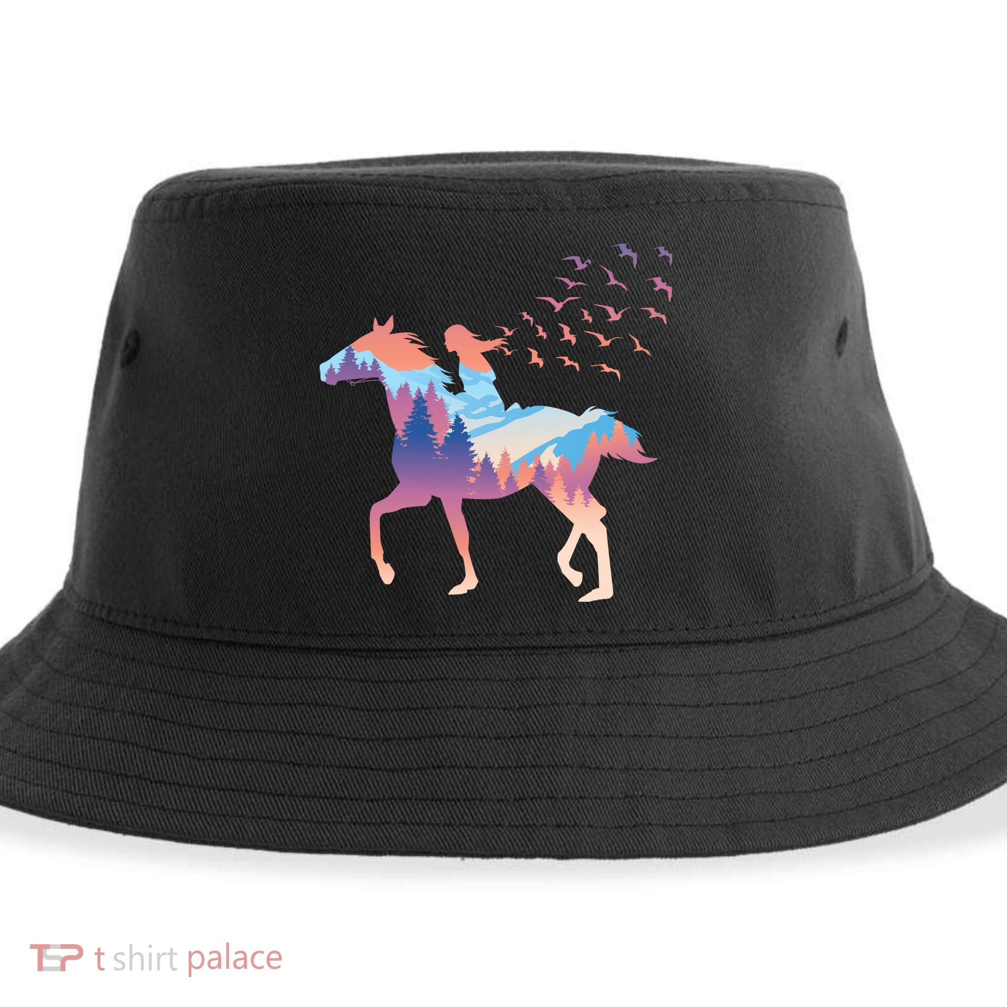Girl Riding Horse In Forest Sustainable Bucket Hat