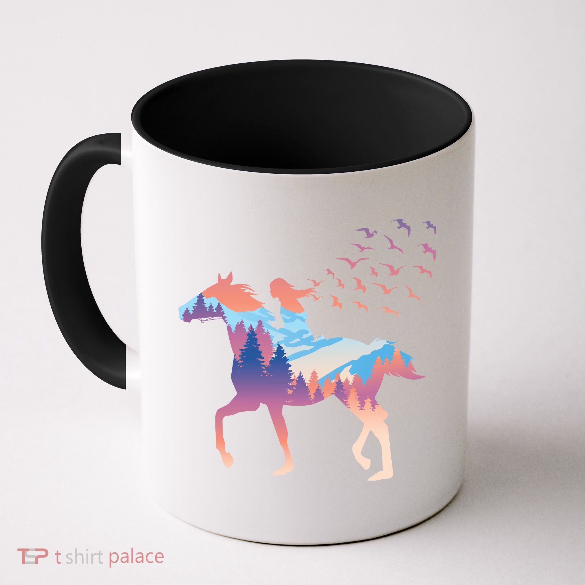 Girl Riding Horse In Forest Mug