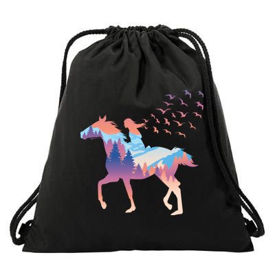 Girl Riding Horse In Forest Drawstring Bag