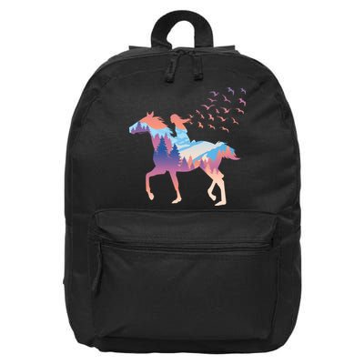 Girl Riding Horse In Forest 16 in Basic Backpack