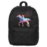 Girl Riding Horse In Forest 16 in Basic Backpack