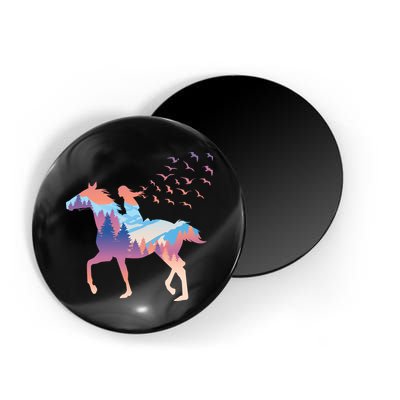 Girl Riding Horse In Forest Magnet
