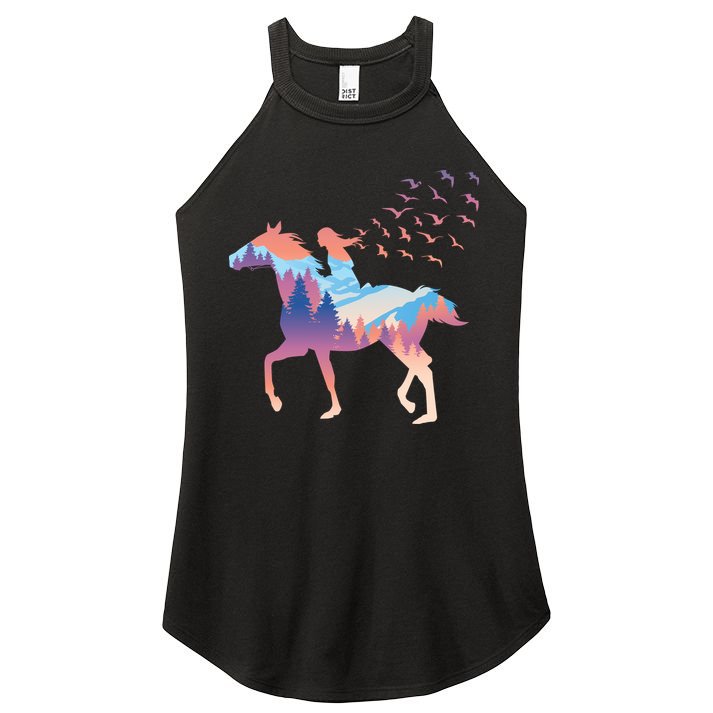 Girl Riding Horse In Forest Women's Perfect Tri Rocker Tank