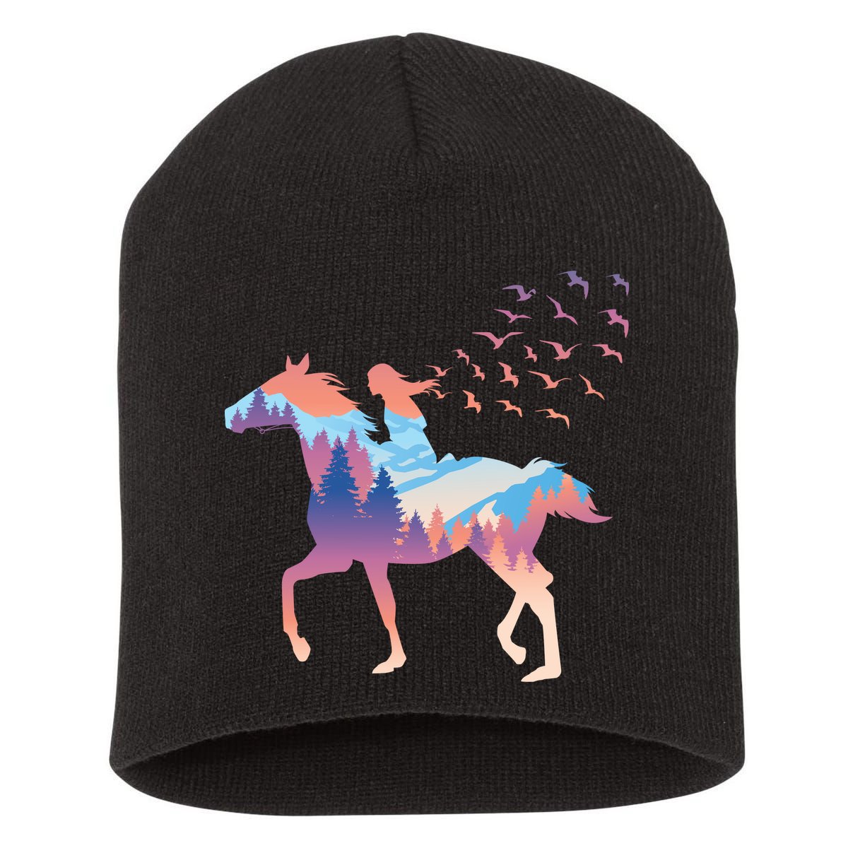 Girl Riding Horse In Forest Short Acrylic Beanie