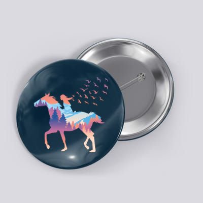 Girl Riding Horse In Forest Button