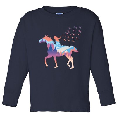 Girl Riding Horse In Forest Toddler Long Sleeve Shirt