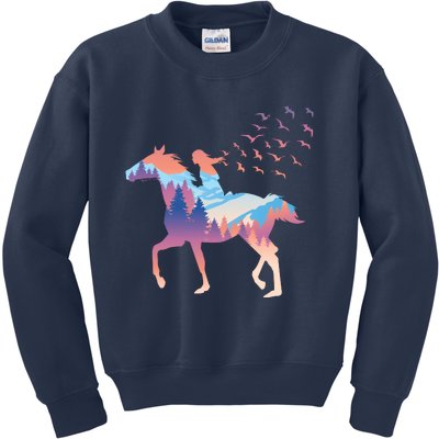 Girl Riding Horse In Forest Kids Sweatshirt