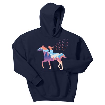 Girl Riding Horse In Forest Kids Hoodie