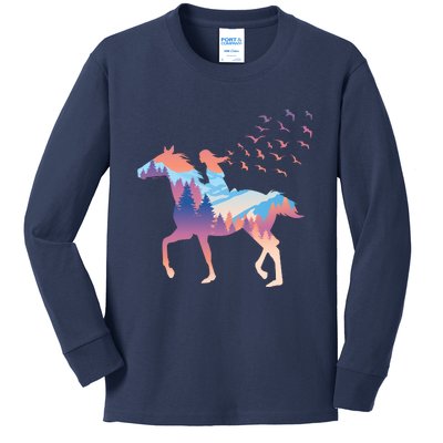 Girl Riding Horse In Forest Kids Long Sleeve Shirt