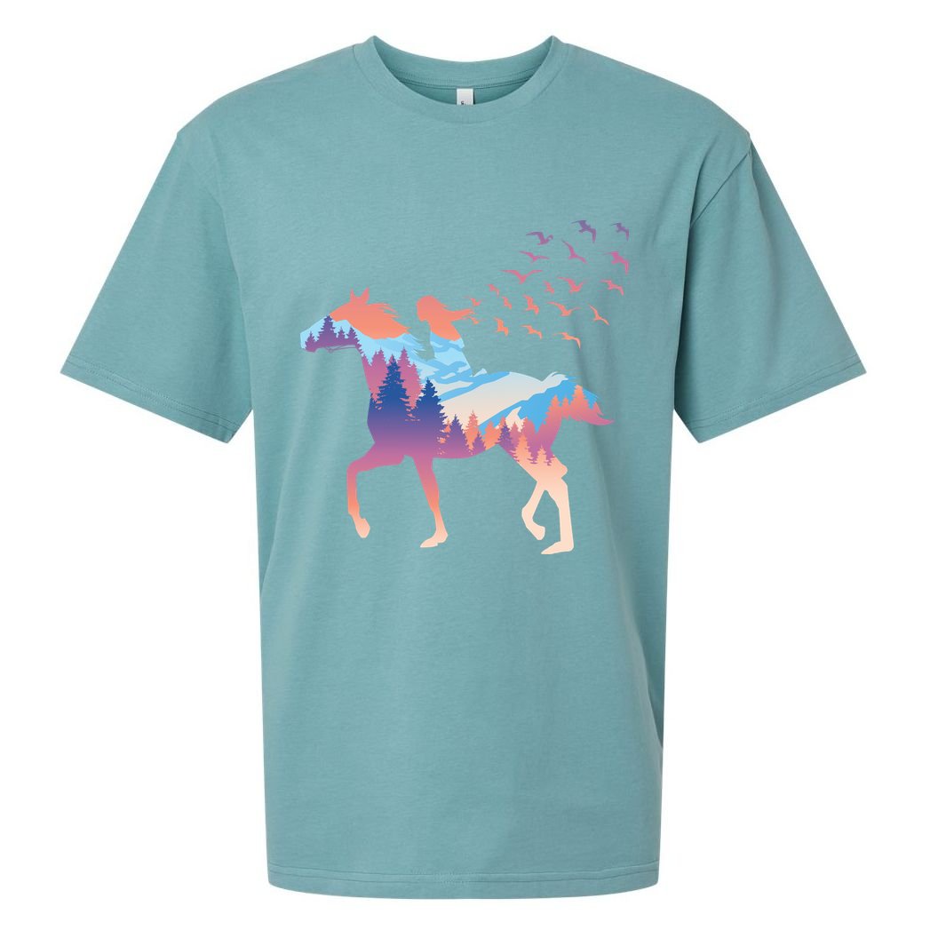Girl Riding Horse In Forest Sueded Cloud Jersey T-Shirt