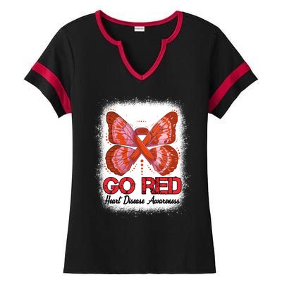 Go Red Heart Disease Awareness Month Red Ribbon Butterfly Gift Ladies Halftime Notch Neck Tee