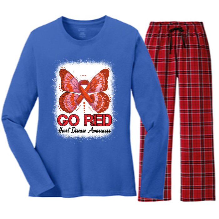 Go Red Heart Disease Awareness Month Red Ribbon Butterfly Gift Women's Long Sleeve Flannel Pajama Set 