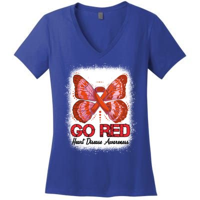 Go Red Heart Disease Awareness Month Red Ribbon Butterfly Gift Women's V-Neck T-Shirt