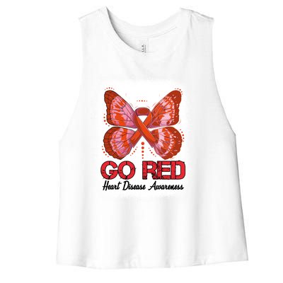 Go Red Heart Disease Awareness Month Red Ribbon Butterfly Gift Women's Racerback Cropped Tank