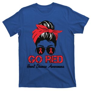 Go Red Heart Disease Awareness Month Red Ribbon Messy Bun Gift T-Shirt