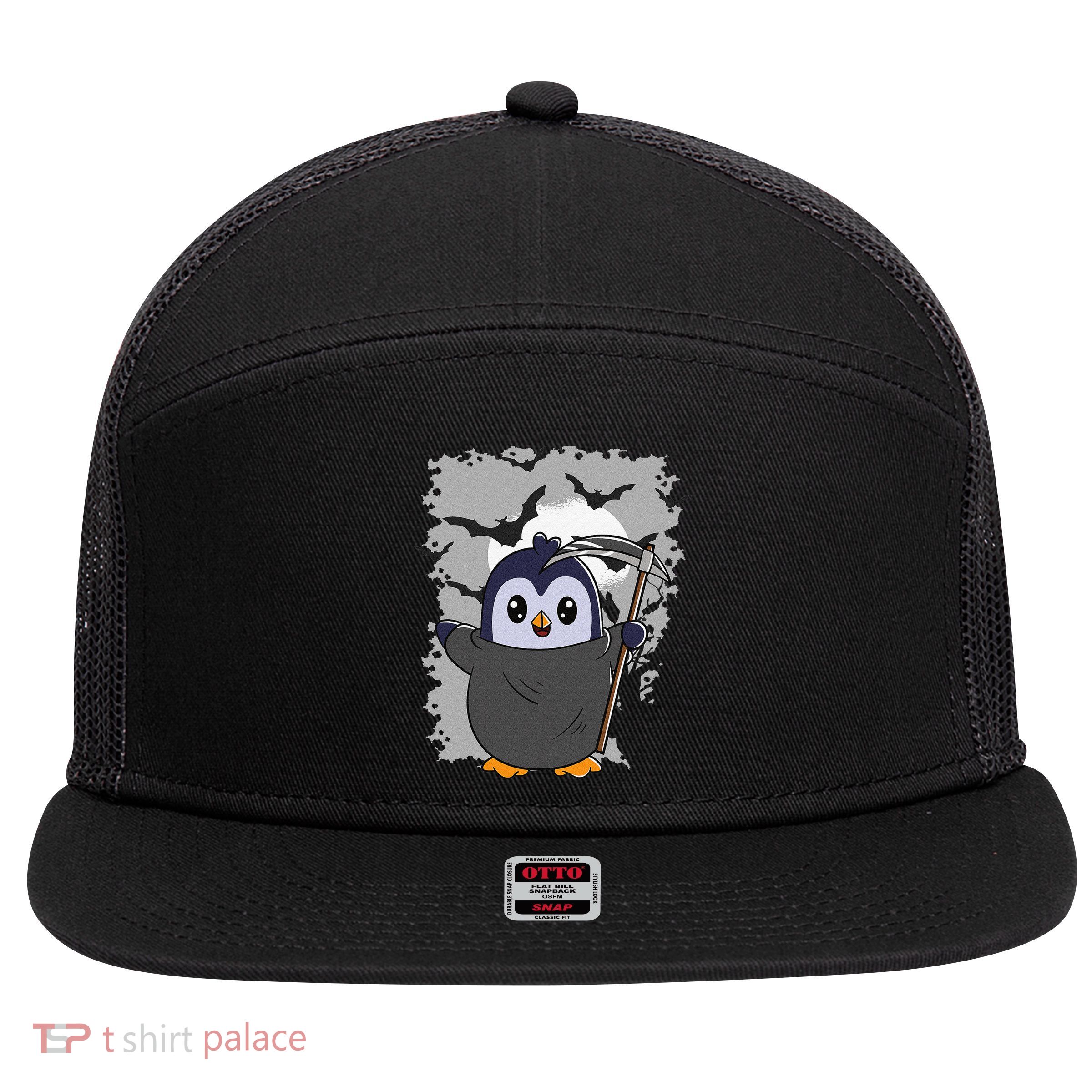 Grim Reaper Halloween Spooky Penguin Halloween Penguin 7 Panel Mesh Trucker Snapback Hat