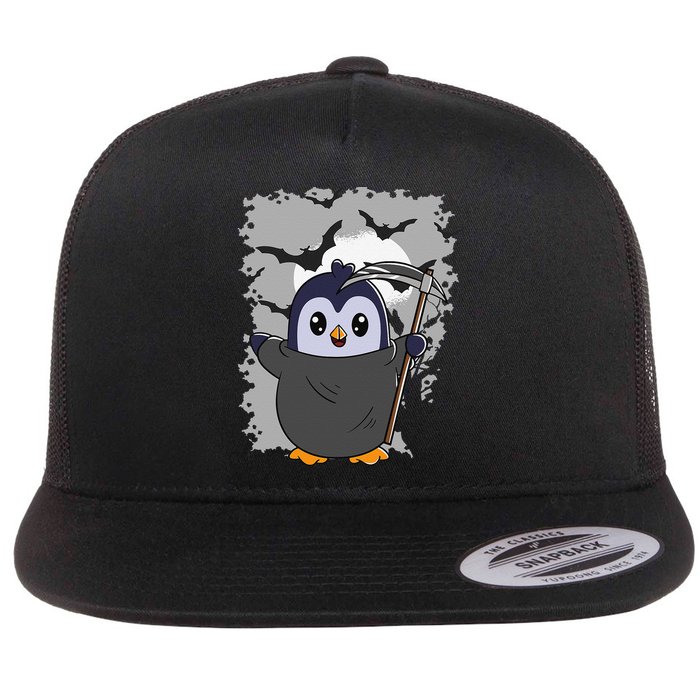 Grim Reaper Halloween Spooky Penguin Halloween Penguin Flat Bill Trucker Hat